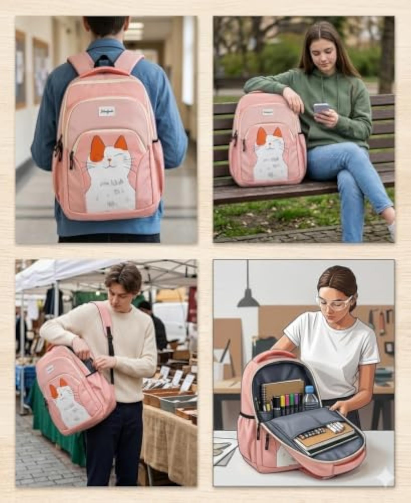 Cat Print Backpack for Women, Cute Pink Design